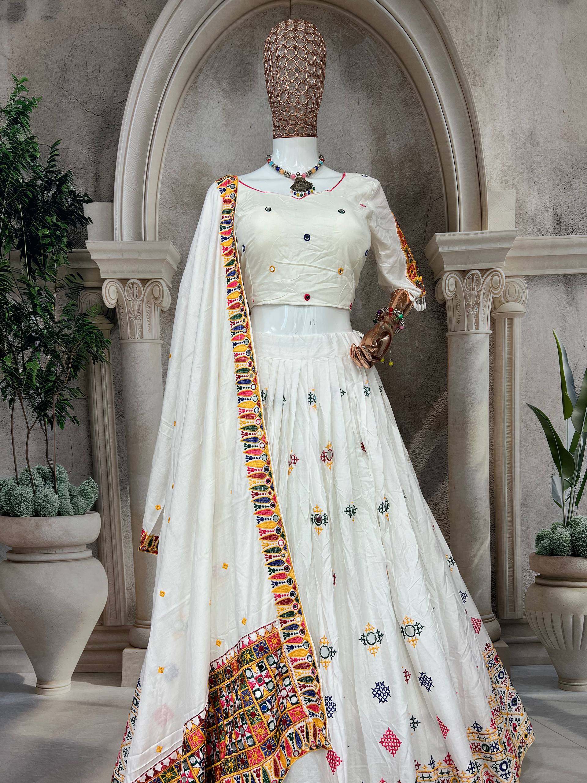 Elegant White Mirror Work Lehenga Choli with Multicolor Embroidered Dupatta