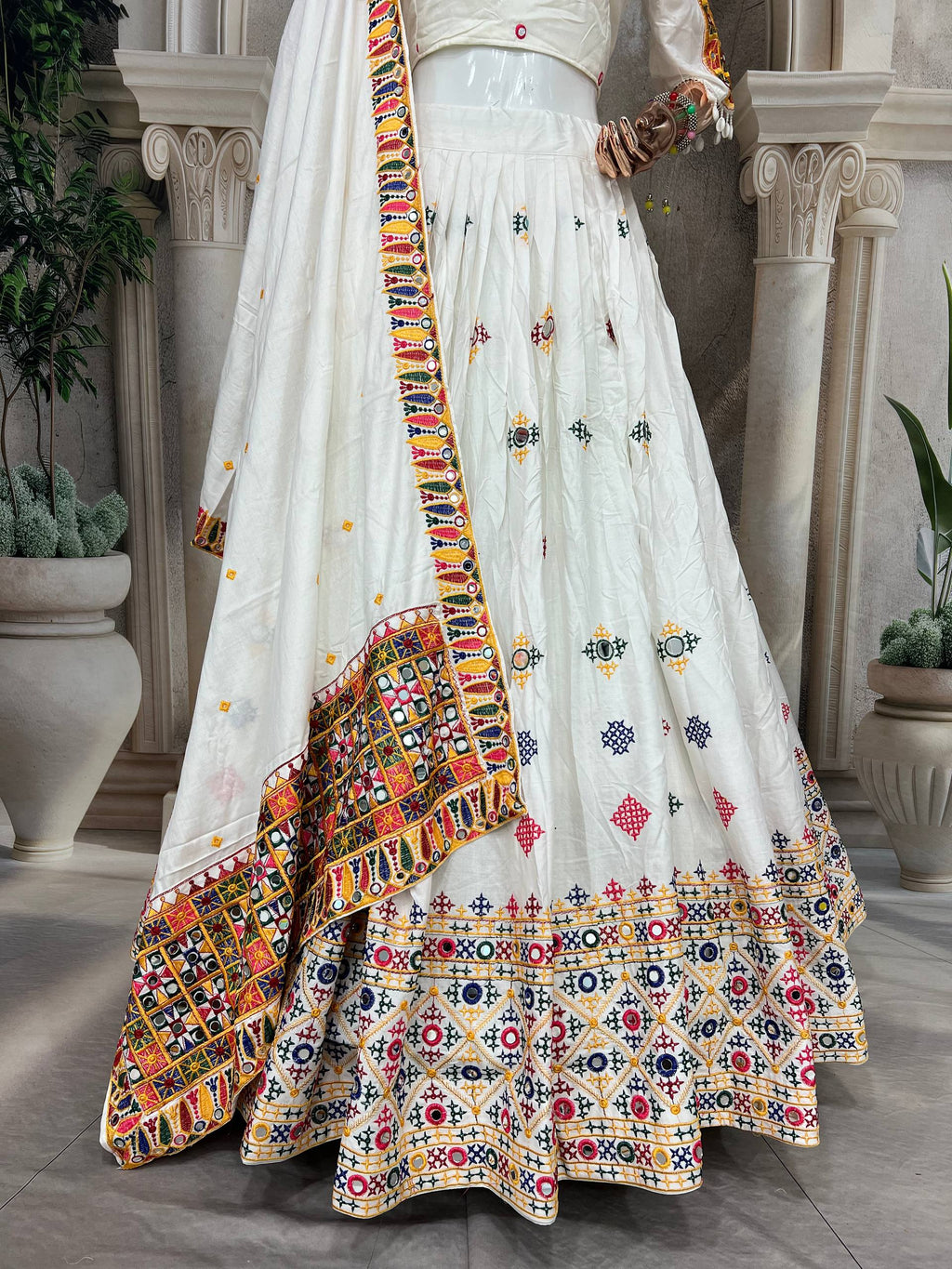 Elegant White Mirror Work Lehenga Choli with Multicolor Embroidered Dupatta