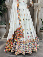 Elegant White Mirror Work Lehenga Choli with Multicolor Embroidered Dupatta