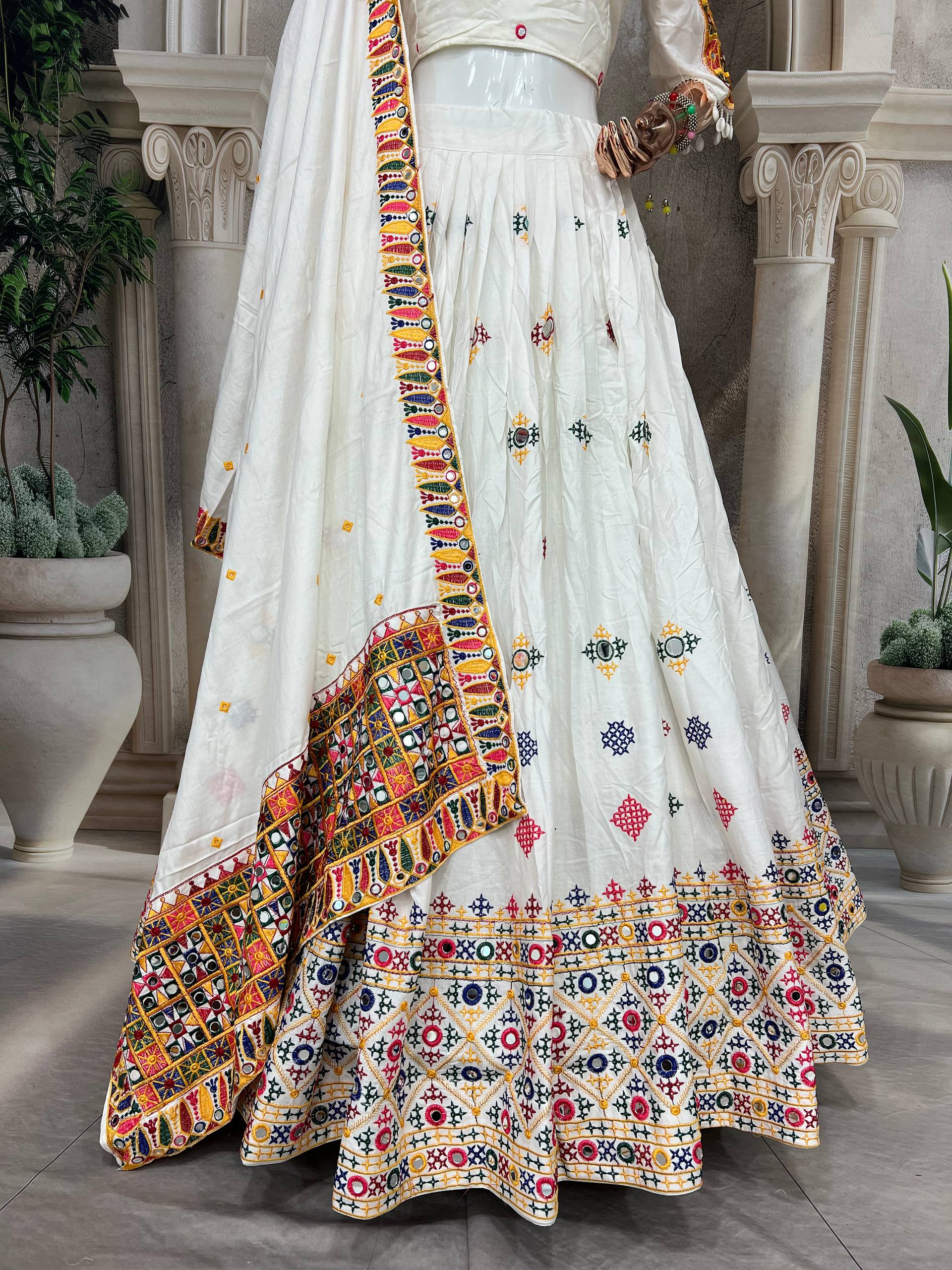 Elegant White Mirror Work Lehenga Choli with Multicolor Embroidered Dupatta