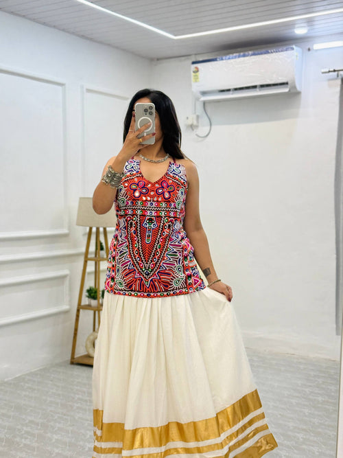 "Traditional White and Gold Lehenga Choli with Vibrant Kutchi Embroidered Blouse"