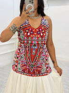 "Traditional White and Gold Lehenga Choli with Vibrant Kutchi Embroidered Blouse"