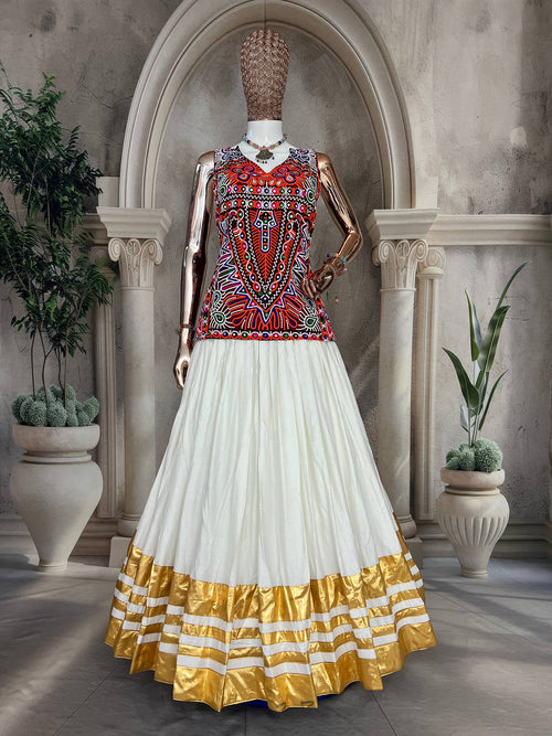 "Traditional White and Gold Lehenga Choli with Vibrant Kutchi Embroidered Blouse"