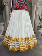 "Traditional White and Gold Lehenga Choli with Vibrant Kutchi Embroidered Blouse"