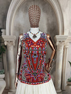"Traditional White and Gold Lehenga Choli with Vibrant Kutchi Embroidered Blouse"