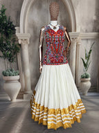 "Traditional White and Gold Lehenga Choli with Vibrant Kutchi Embroidered Blouse"