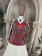 "Traditional White and Gold Lehenga Choli with Vibrant Kutchi Embroidered Blouse"