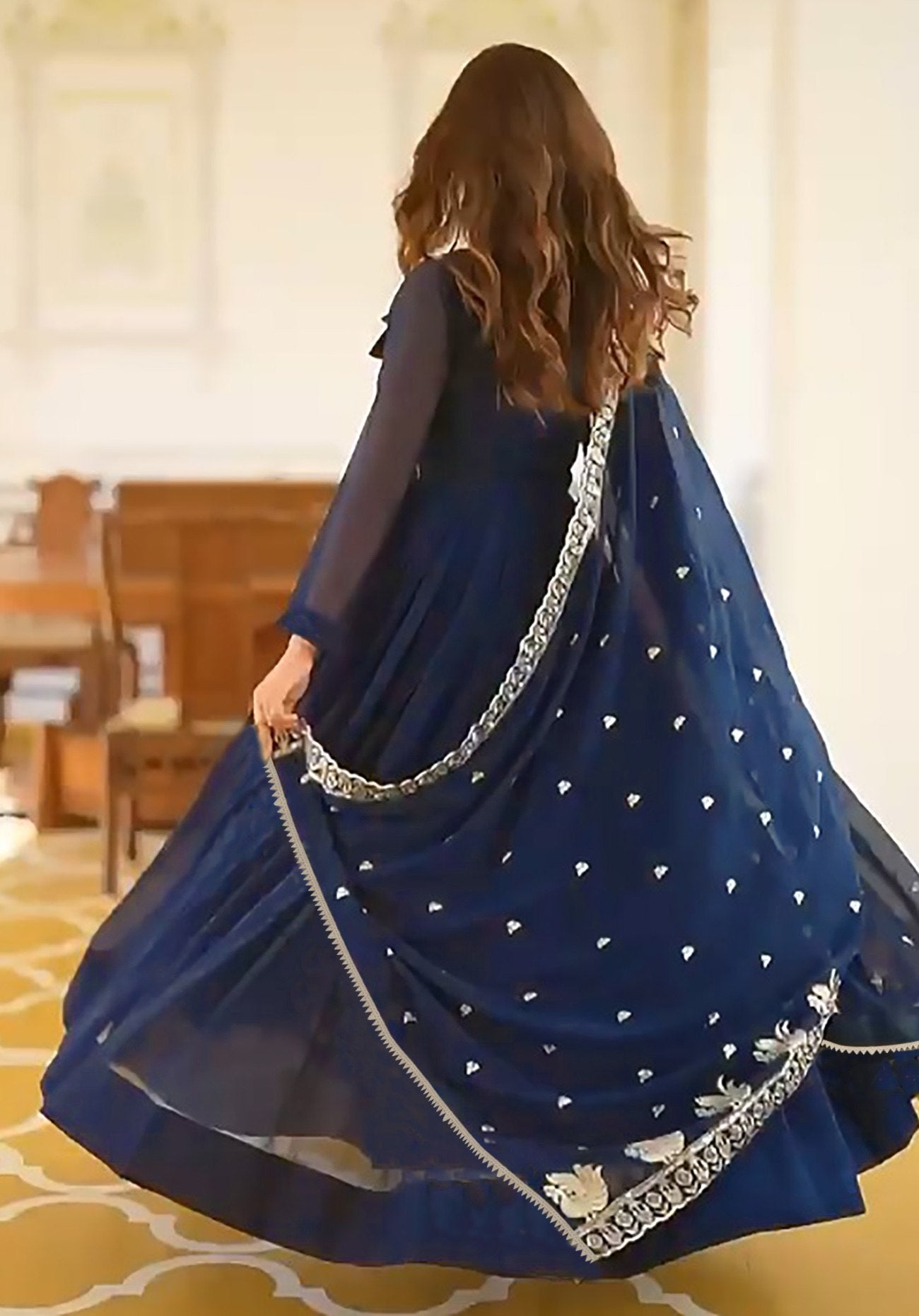 Embroidered Georgette Stitched Cerulean Nafeesa  Anarkali Gown
