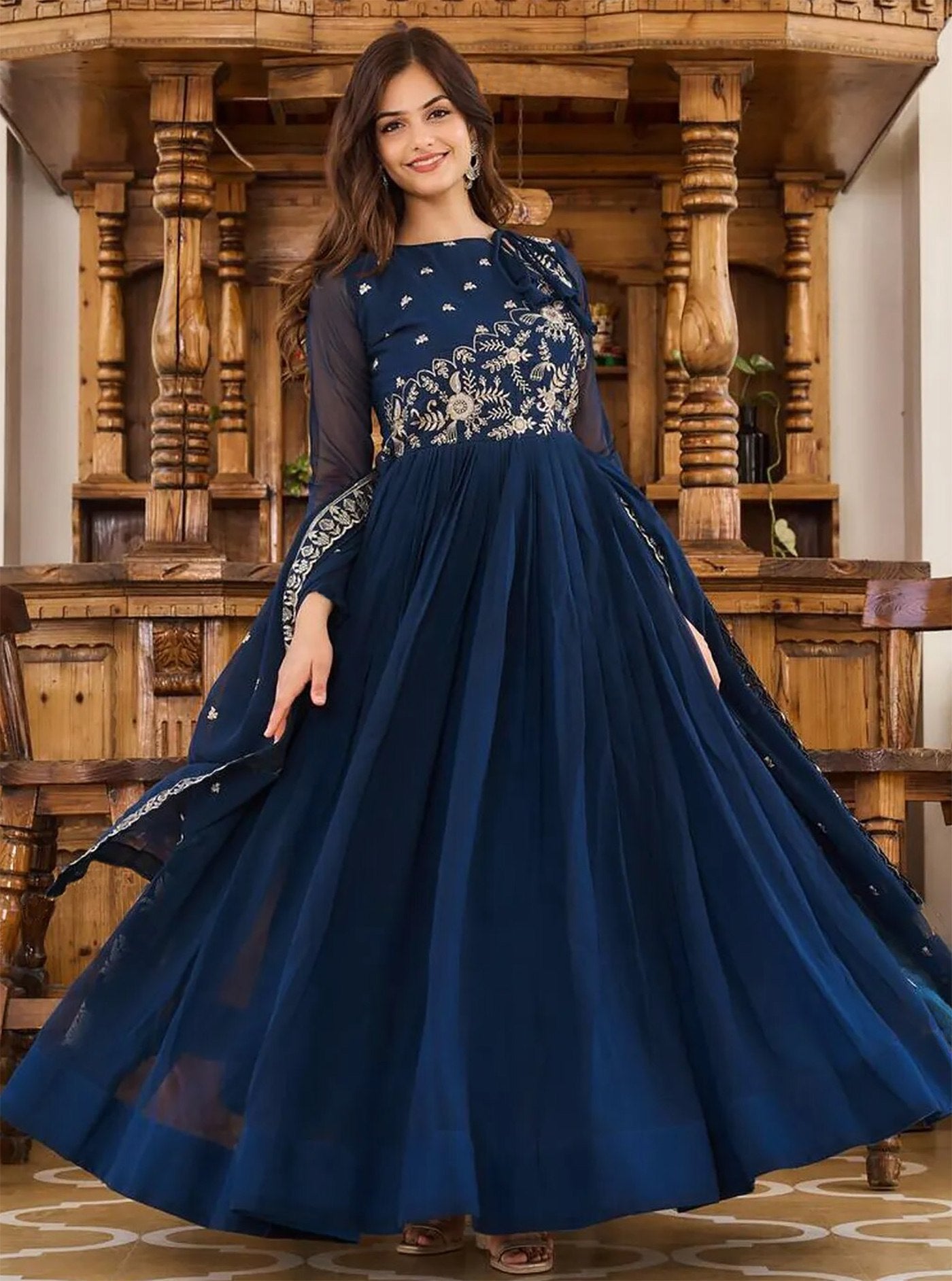 Embroidered Georgette Stitched Cerulean Nafeesa  Anarkali Gown