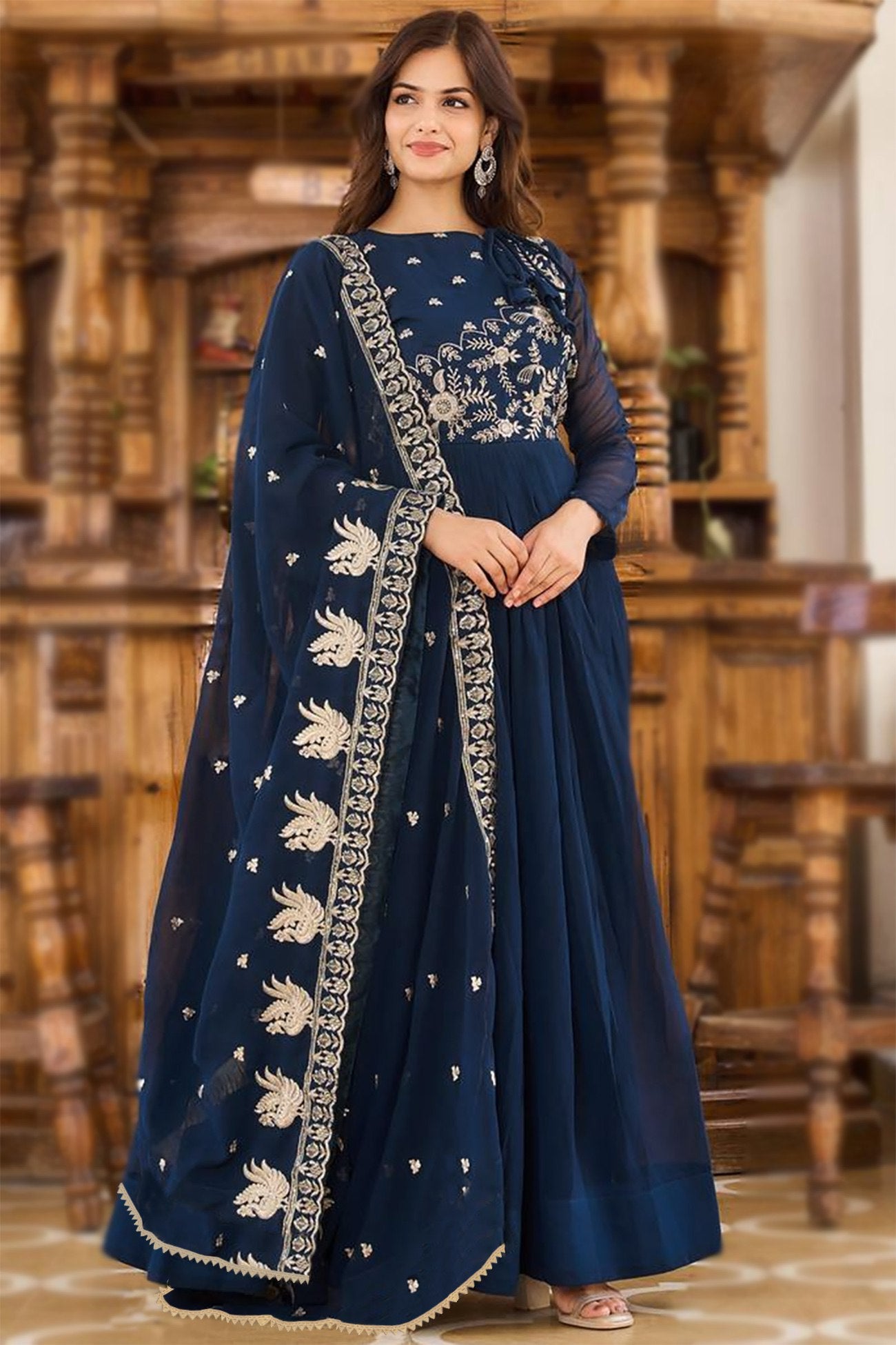 Embroidered Georgette Stitched Cerulean Nafeesa  Anarkali Gown