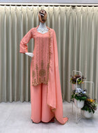 DESIGNER WEAR EXCLUSIVE PEACH EMBROIDERED TOP WITH PLAZZO PAIR