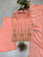 DESIGNER WEAR EXCLUSIVE PEACH EMBROIDERED TOP WITH PLAZZO PAIR