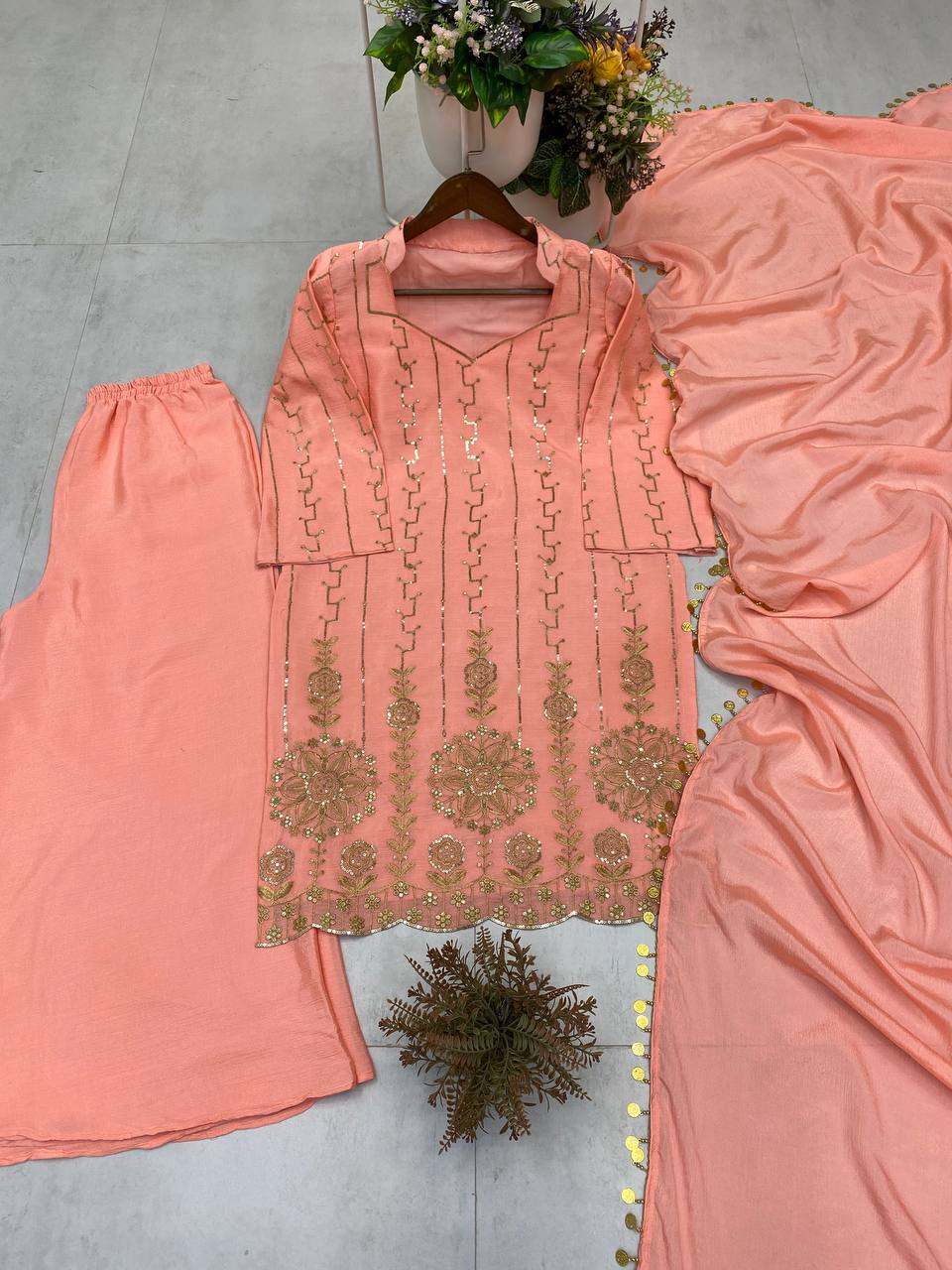 DESIGNER WEAR EXCLUSIVE PEACH EMBROIDERED TOP WITH PLAZZO PAIR