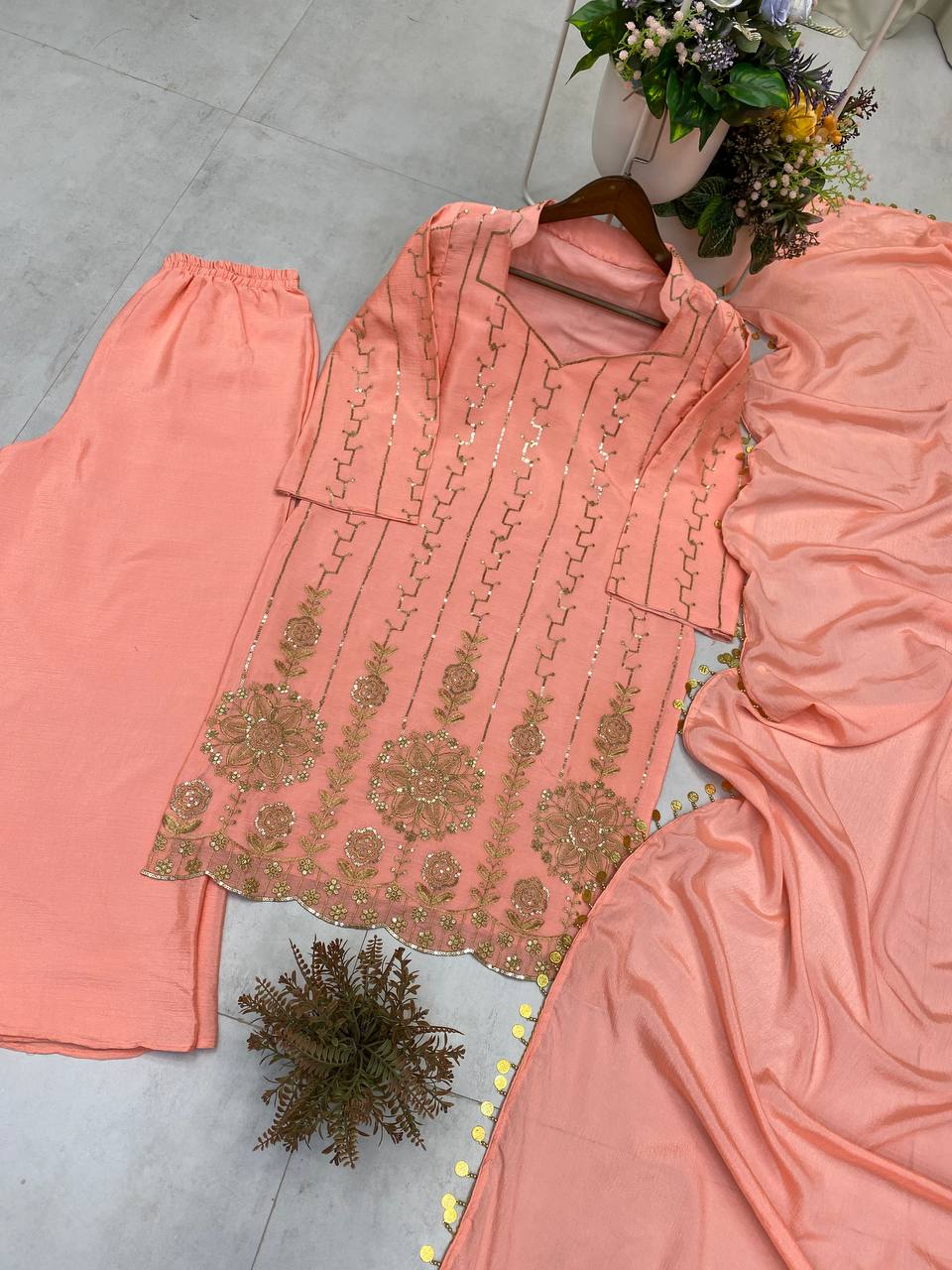 DESIGNER WEAR EXCLUSIVE PEACH EMBROIDERED TOP WITH PLAZZO PAIR