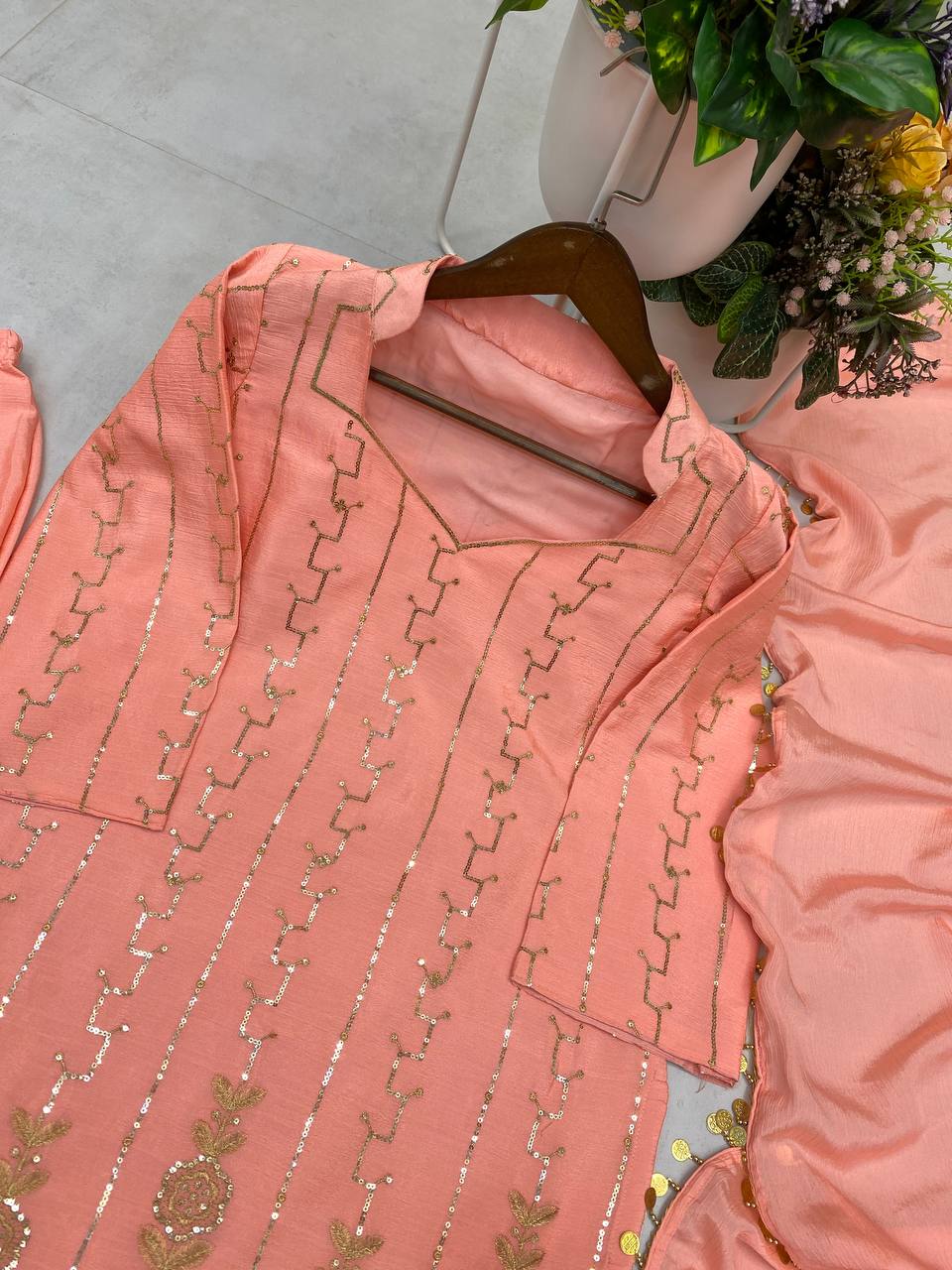DESIGNER WEAR EXCLUSIVE PEACH EMBROIDERED TOP WITH PLAZZO PAIR