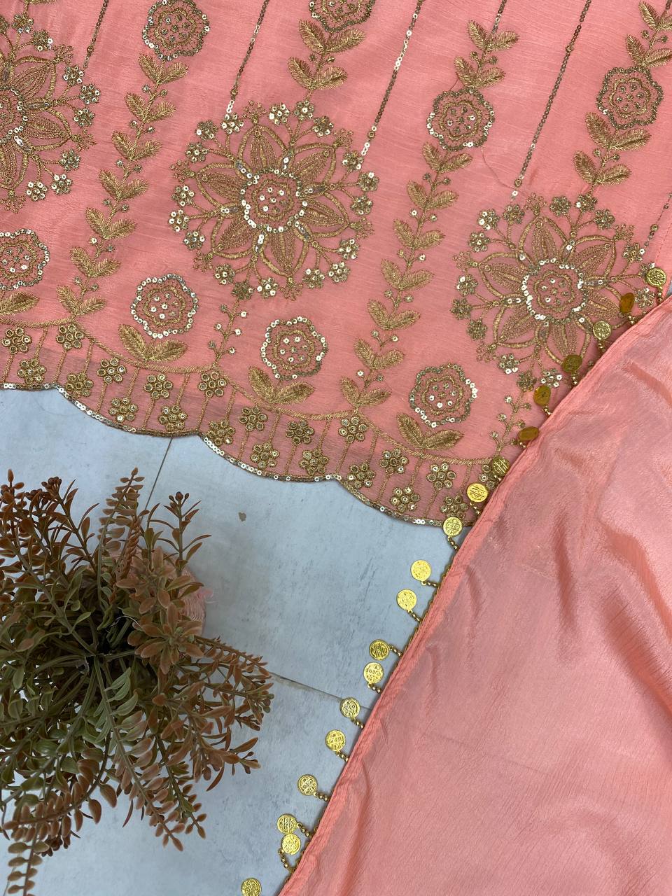 DESIGNER WEAR EXCLUSIVE PEACH EMBROIDERED TOP WITH PLAZZO PAIR