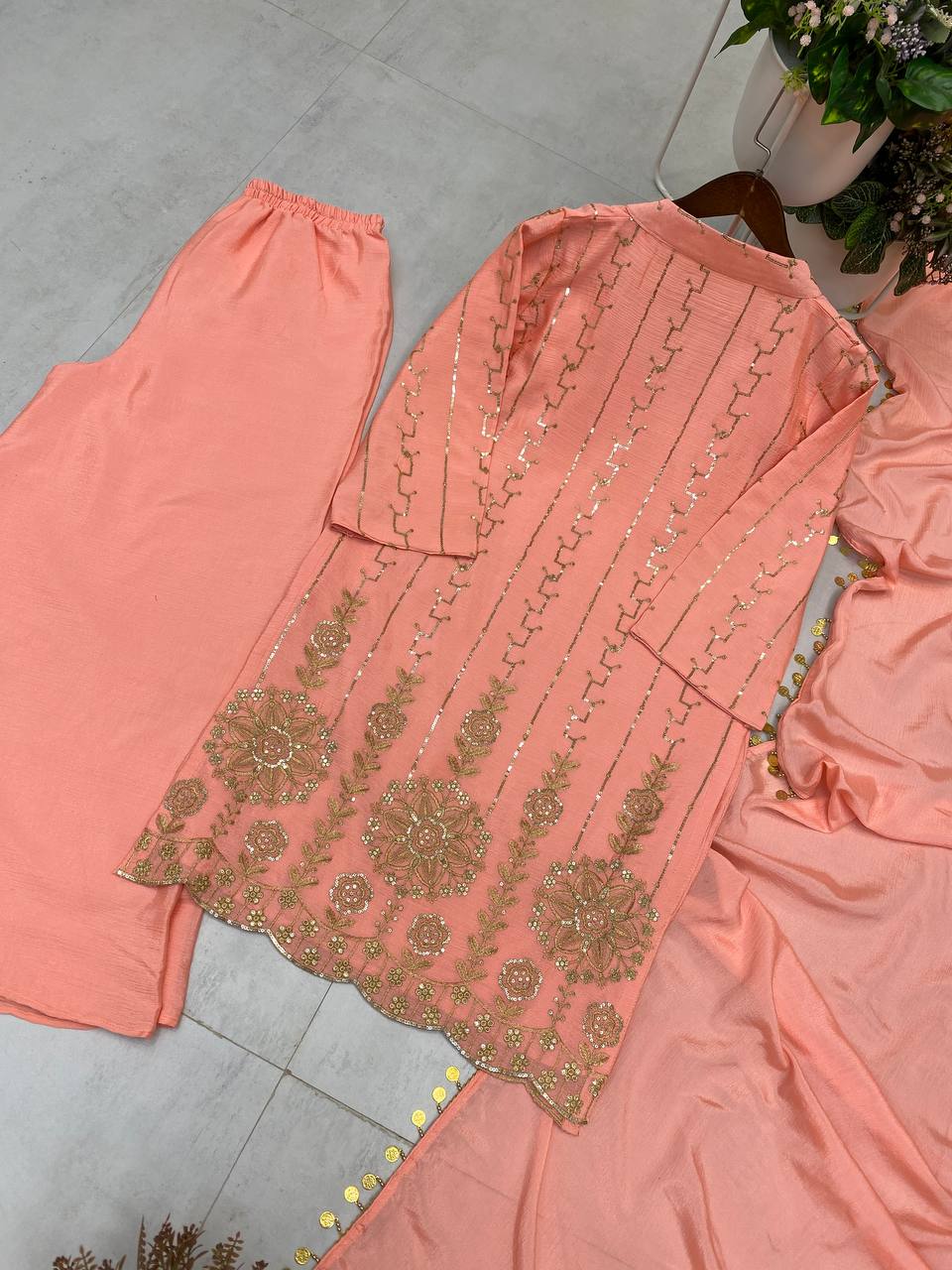 DESIGNER WEAR EXCLUSIVE PEACH EMBROIDERED TOP WITH PLAZZO PAIR