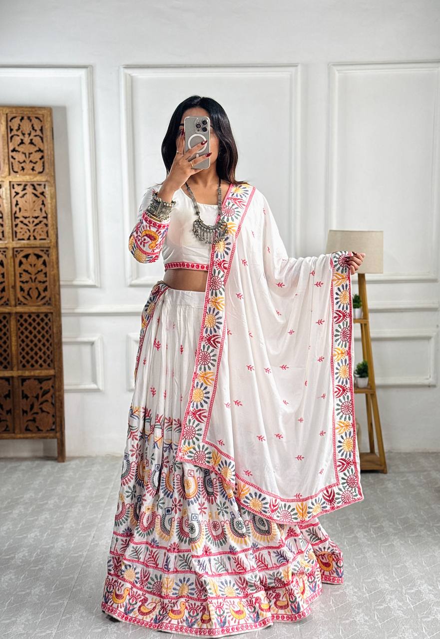 Elegent White Exclusive Lehenga Choli with Multicolor Pattern Embroidered Dupatta