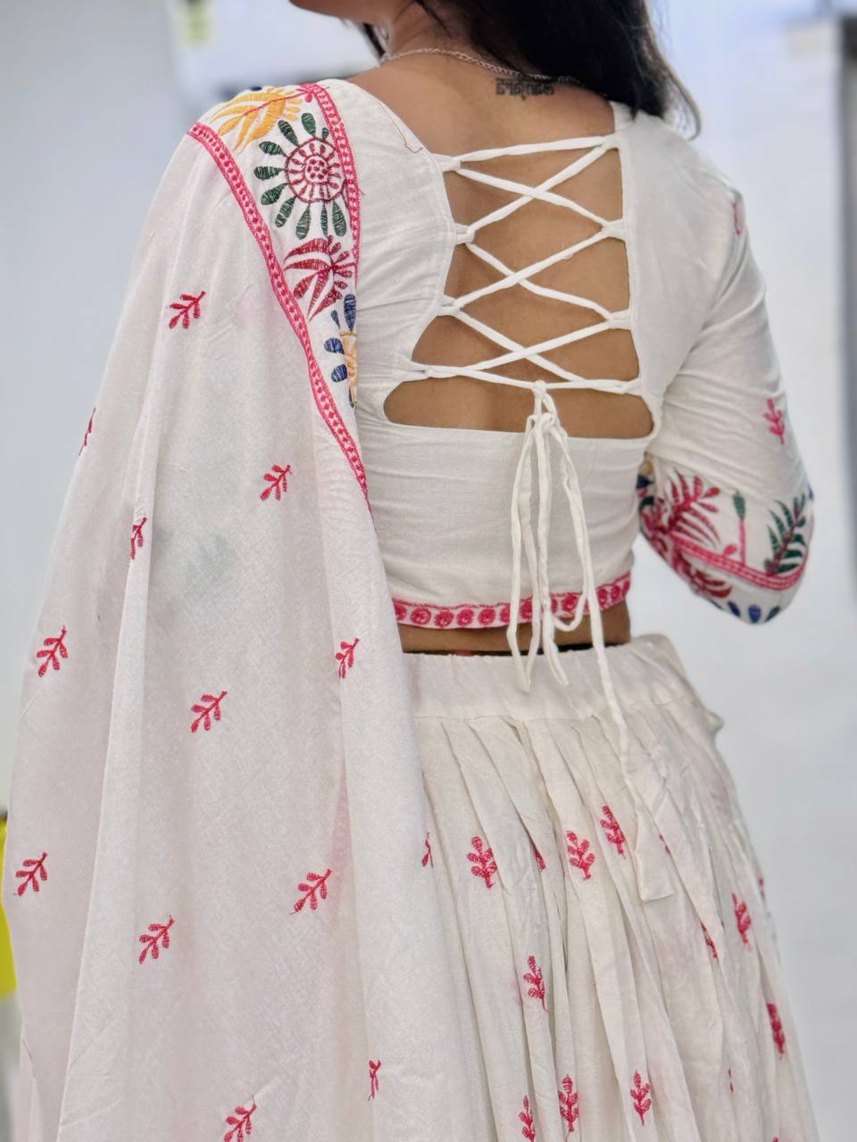 Elegent White Exclusive Lehenga Choli with Multicolor Pattern Embroidered Dupatta