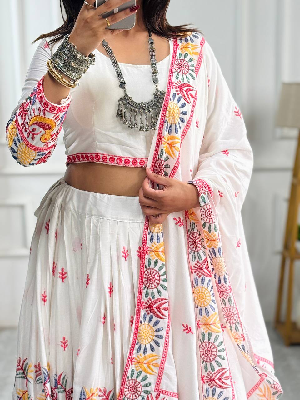 Elegent White Exclusive Lehenga Choli with Multicolor Pattern Embroidered Dupatta