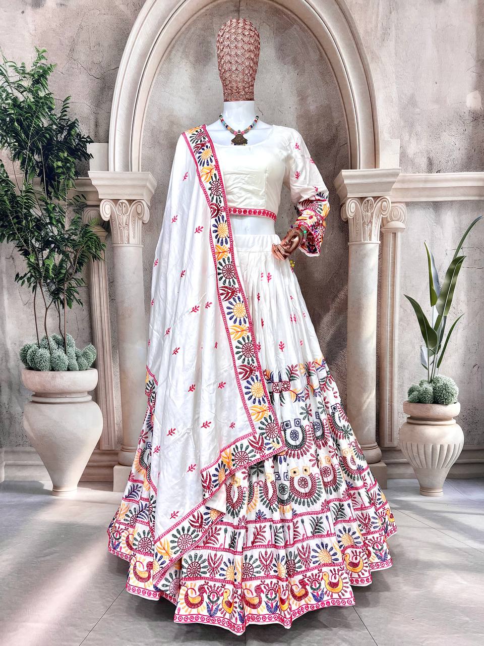Elegent White Exclusive Lehenga Choli with Multicolor Pattern Embroidered Dupatta