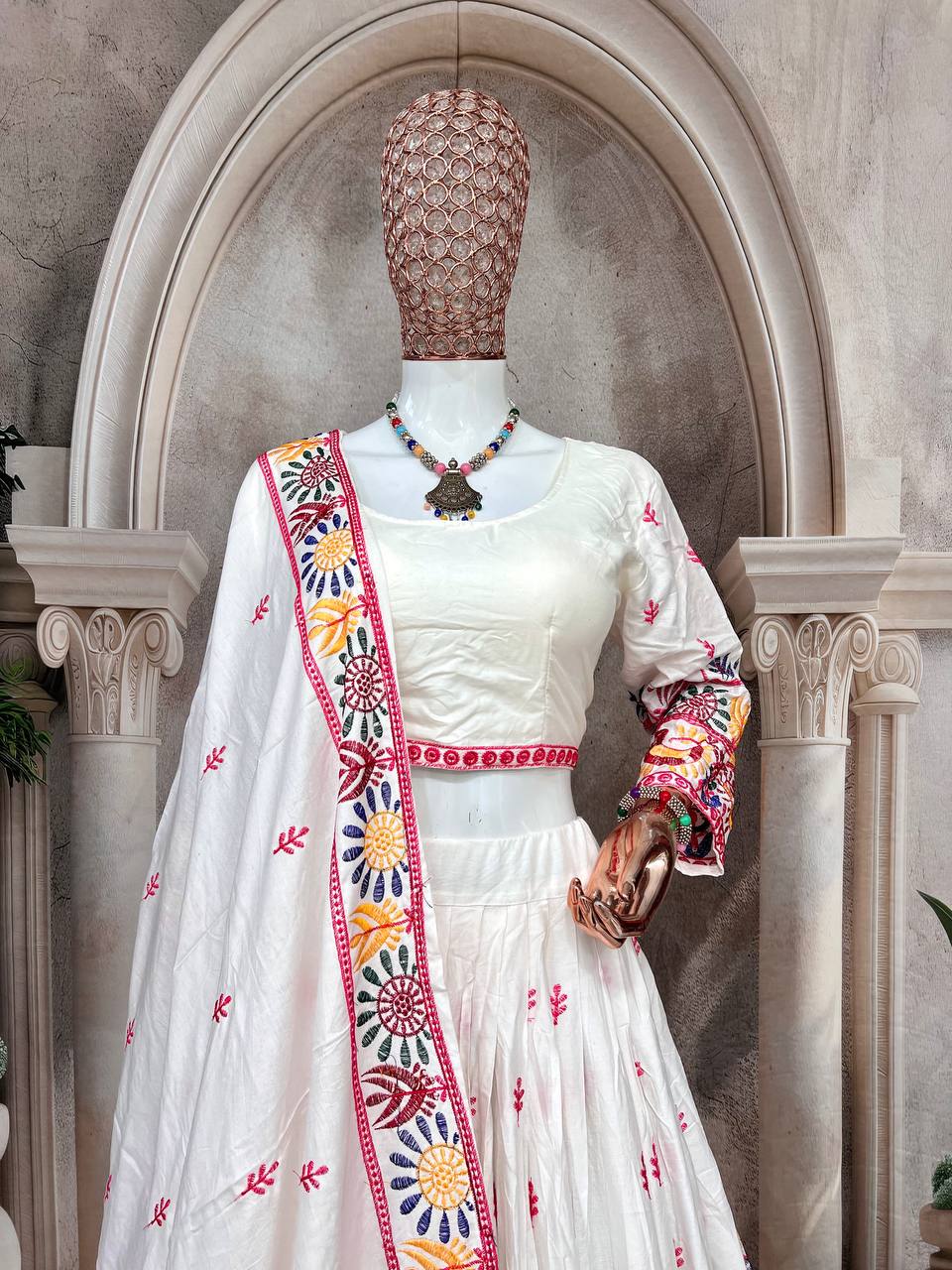 Elegent White Exclusive Lehenga Choli with Multicolor Pattern Embroidered Dupatta
