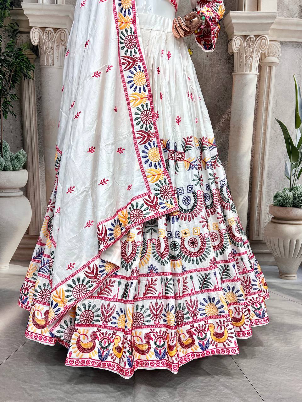 Elegent White Exclusive Lehenga Choli with Multicolor Pattern Embroidered Dupatta