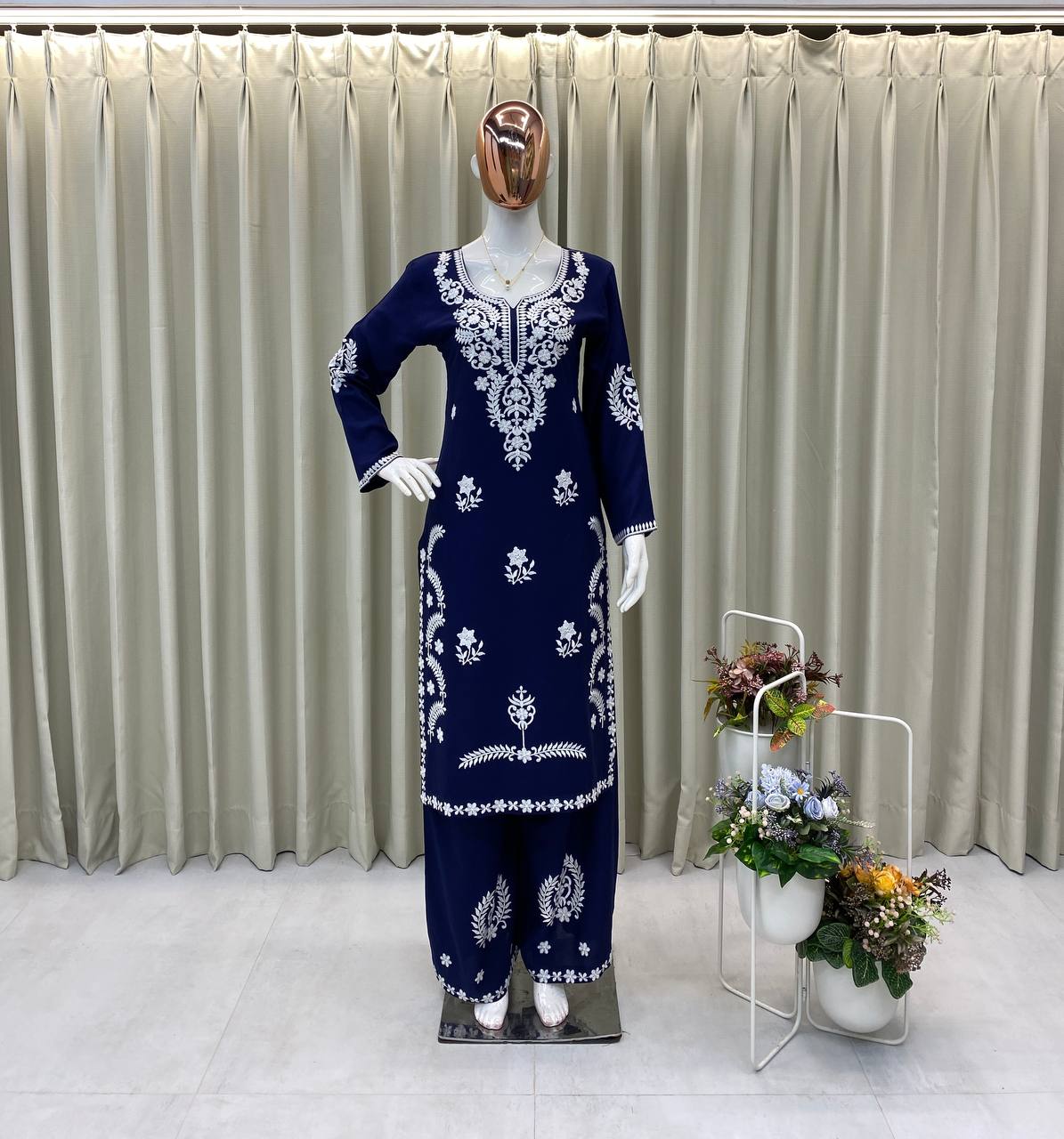 EXCLUSIVE EMBROIDERED BLUE TOP WITH PLAZZO PAIR