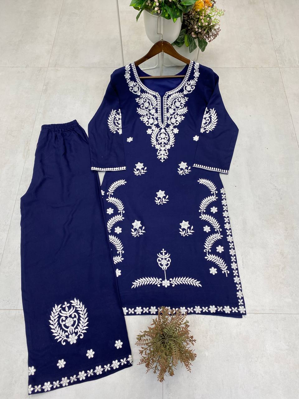 EXCLUSIVE EMBROIDERED BLUE TOP WITH PLAZZO PAIR