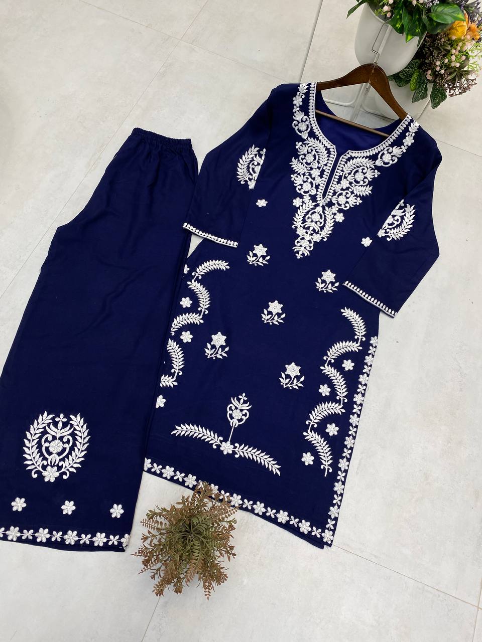 EXCLUSIVE EMBROIDERED BLUE TOP WITH PLAZZO PAIR