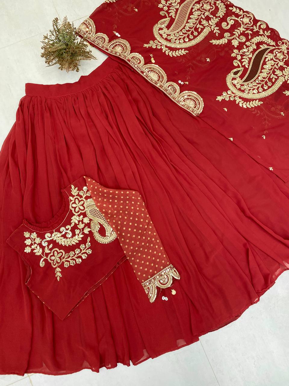 DESIGNER WEAR EMBROIDERED LEHENGA BLOUSE AND SHRUGE