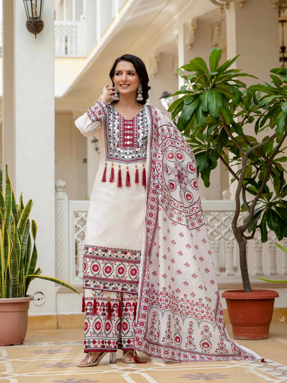 DESIGNER WEAR TOP WITH PRINTED WORK AND REAL MIRROR WORK WITH PLAZZO AND DUPATTA SET