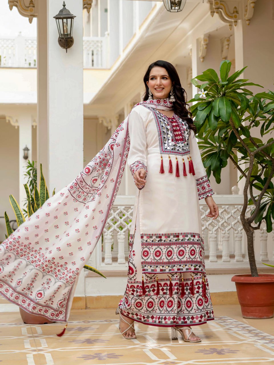 DESIGNER WEAR TOP WITH PRINTED WORK AND REAL MIRROR WORK WITH PLAZZO AND DUPATTA SET