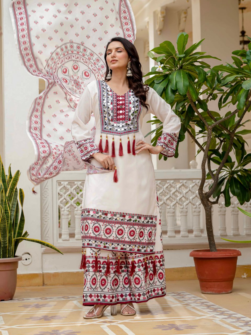 DESIGNER WEAR TOP WITH PRINTED WORK AND REAL MIRROR WORK WITH PLAZZO AND DUPATTA SET