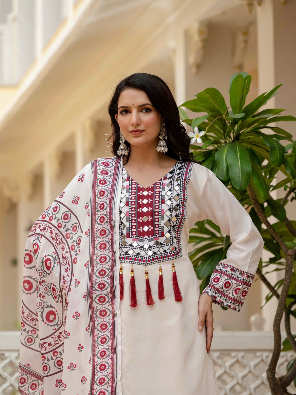 DESIGNER WEAR TOP WITH PRINTED WORK AND REAL MIRROR WORK WITH PLAZZO AND DUPATTA SET