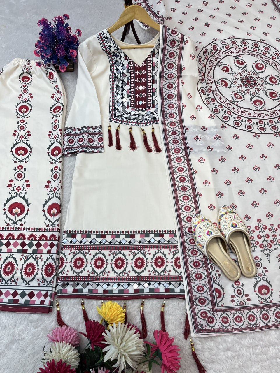 DESIGNER WEAR TOP WITH PRINTED WORK AND REAL MIRROR WORK WITH PLAZZO AND DUPATTA SET