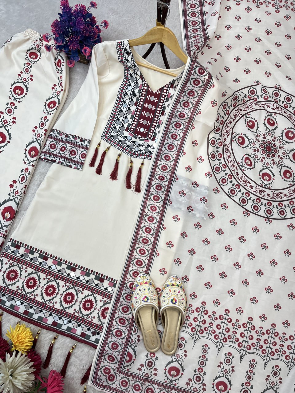 DESIGNER WEAR TOP WITH PRINTED WORK AND REAL MIRROR WORK WITH PLAZZO AND DUPATTA SET