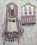 DESIGNER WEAR TOP WITH PRINTED WORK AND REAL MIRROR WORK WITH PLAZZO AND DUPATTA SET