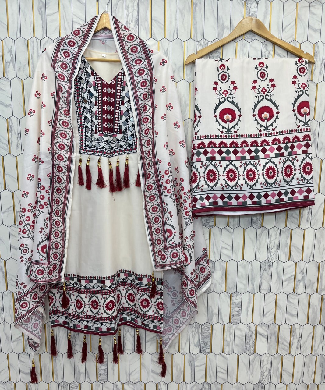 DESIGNER WEAR TOP WITH PRINTED WORK AND REAL MIRROR WORK WITH PLAZZO AND DUPATTA SET
