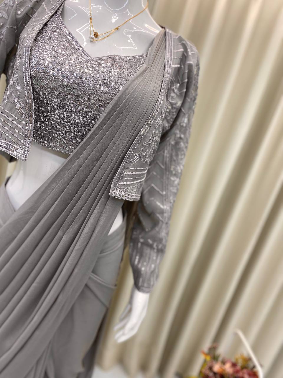 TRENDING NEW FANCY READY TO WEAR STAR GEORGETTE SEQUENCE WORK SAREE WITH KOTI AND FULLSTITCHED BLOUSE