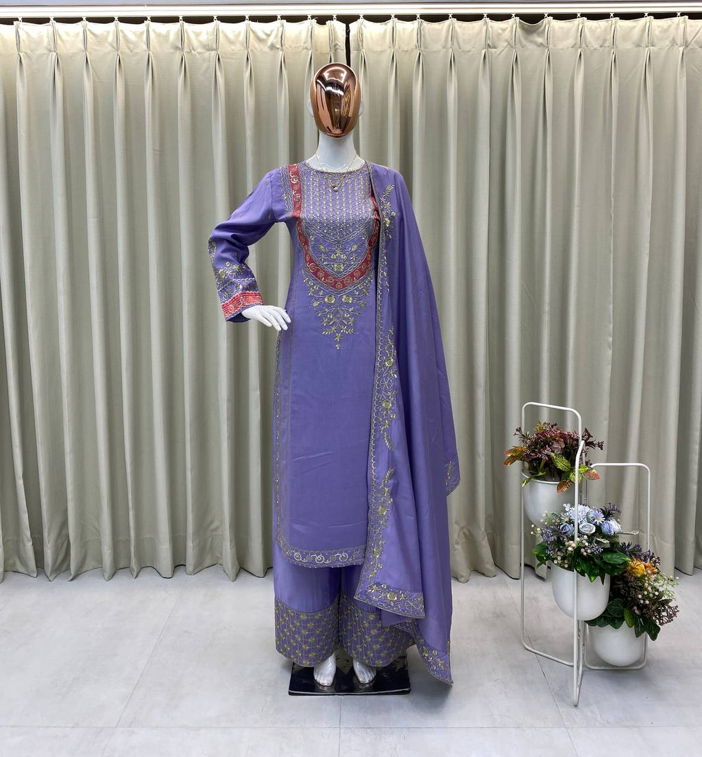 ELEGENT DESIGNER WEAR EMBROIDERED BOAT NECK TOP WITH PLAZZO PRIMIUM PAIR