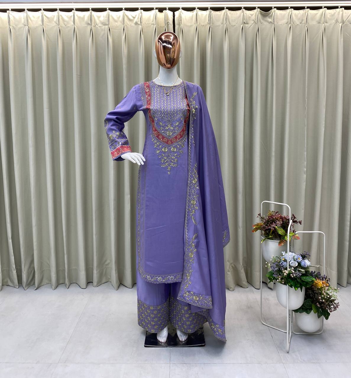 ELEGENT DESIGNER WEAR EMBROIDERED BOAT NECK TOP WITH PLAZZO PRIMIUM PAIR