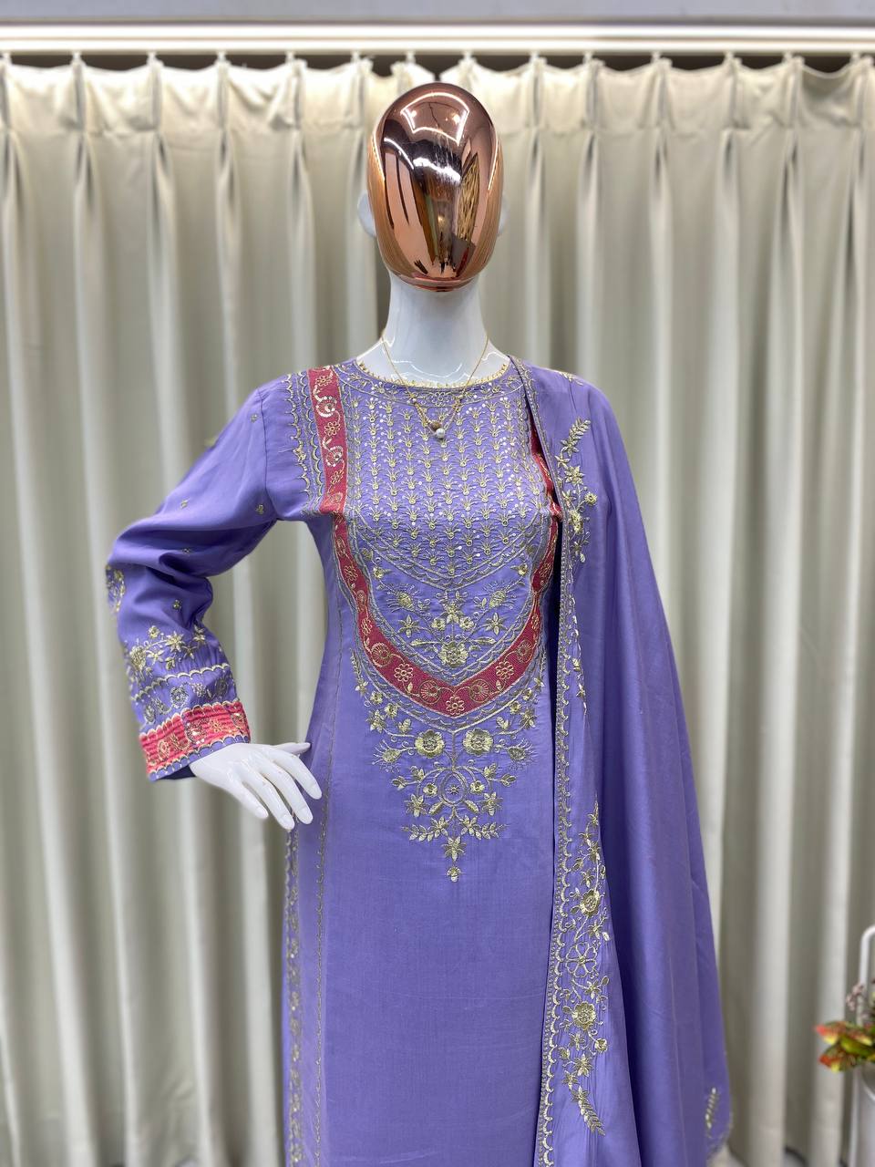 ELEGENT DESIGNER WEAR EMBROIDERED BOAT NECK TOP WITH PLAZZO PRIMIUM PAIR