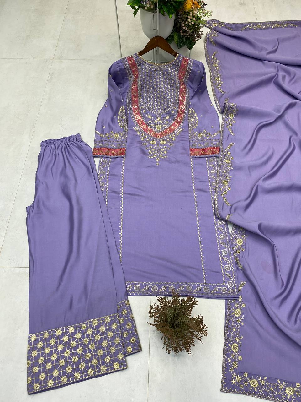 ELEGENT DESIGNER WEAR EMBROIDERED BOAT NECK TOP WITH PLAZZO PRIMIUM PAIR