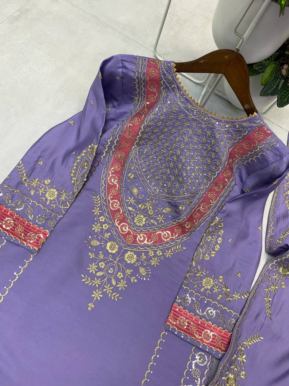 ELEGENT DESIGNER WEAR EMBROIDERED BOAT NECK TOP WITH PLAZZO PRIMIUM PAIR