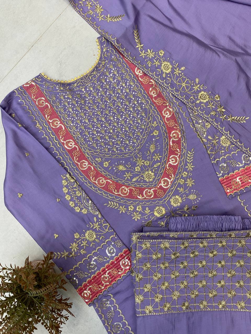 ELEGENT DESIGNER WEAR EMBROIDERED BOAT NECK TOP WITH PLAZZO PRIMIUM PAIR