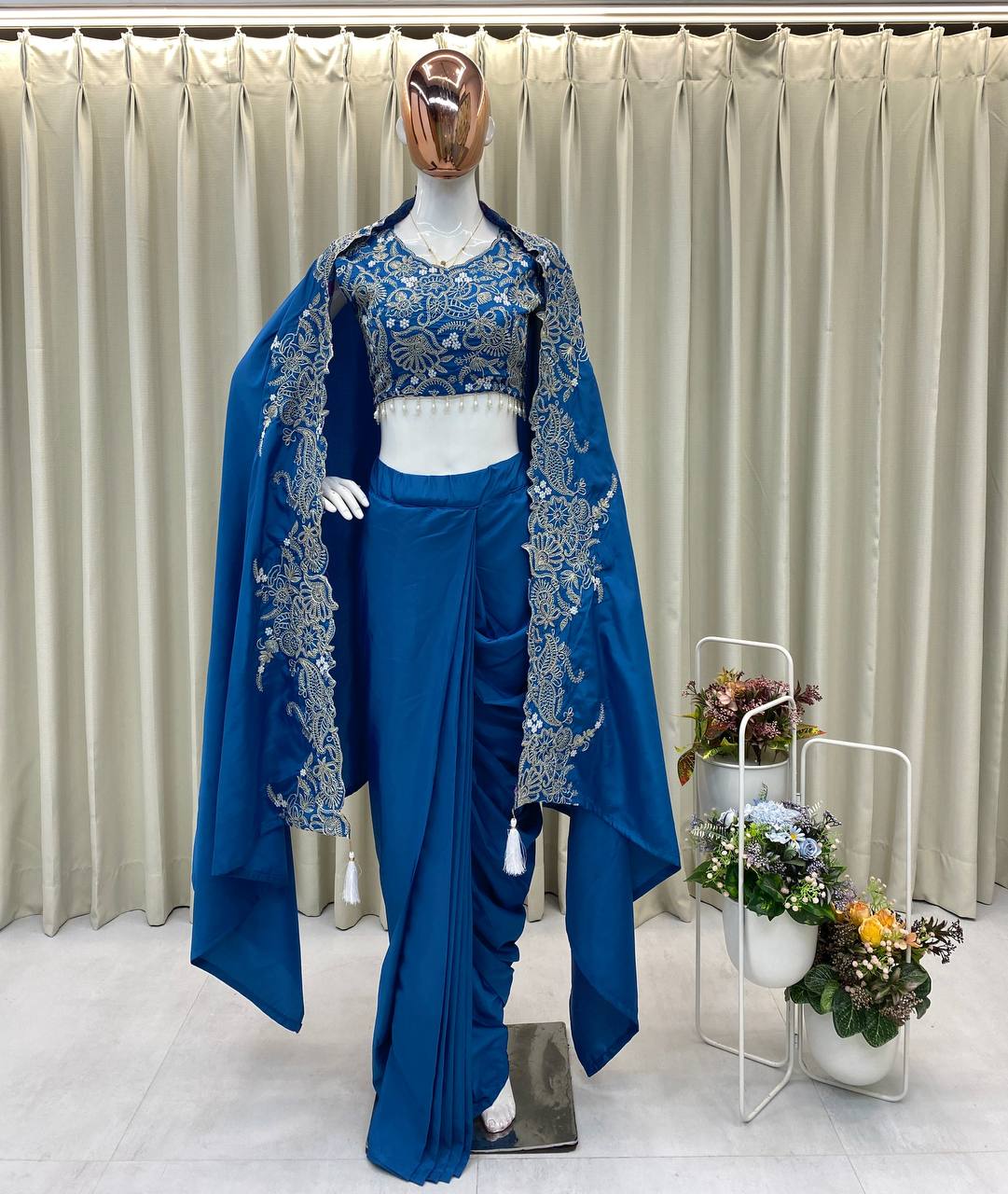 NEW THREE PIECE INDO-WESTERN READY TO WEAR DRAPED PLATED DHOTI WITH BLOUSE,KOTI