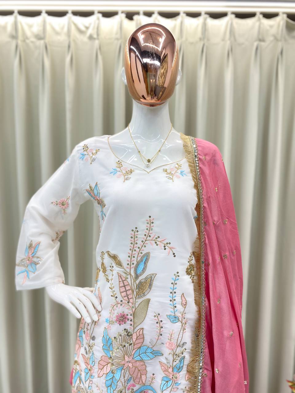 PRIMIUM VICHITRA SILK WEAR EMBROIDERED TOP WITH SALWAAR PAIR