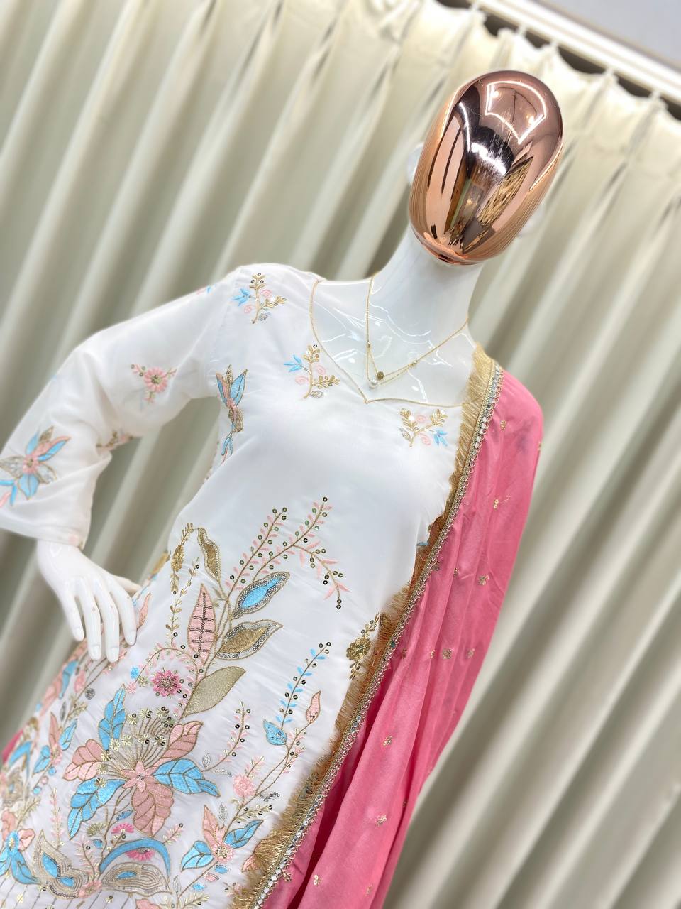 PRIMIUM VICHITRA SILK WEAR EMBROIDERED TOP WITH SALWAAR PAIR