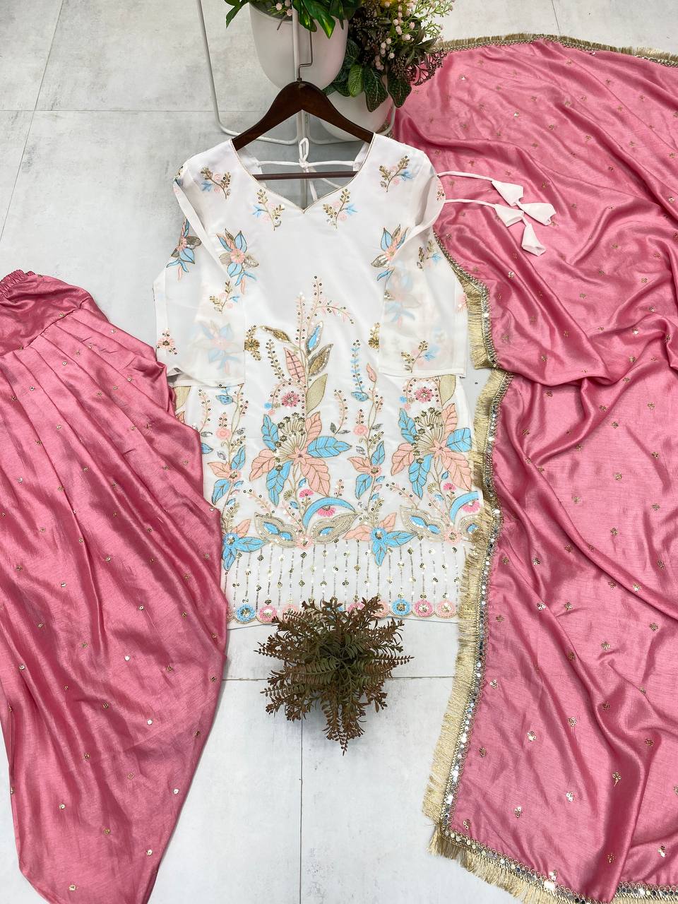 PRIMIUM VICHITRA SILK WEAR EMBROIDERED TOP WITH SALWAAR PAIR